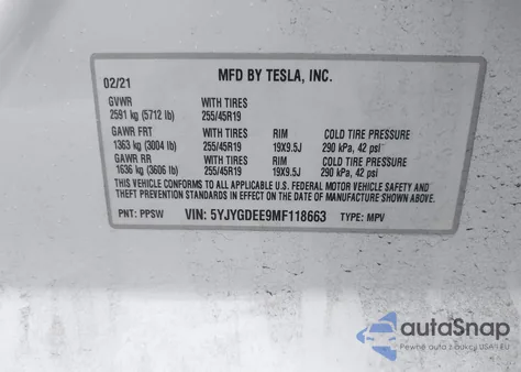 2021 Tesla Model Y Long Range Dual Motor All-Wheel Drive из США, поврежденный, VIN 5YJYGDEE9MF118663